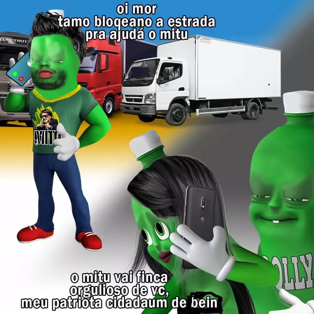 Meme de Mitu bloqueando a estrada para ajudar um caminhão, com outros personagens verdes ao telefone.