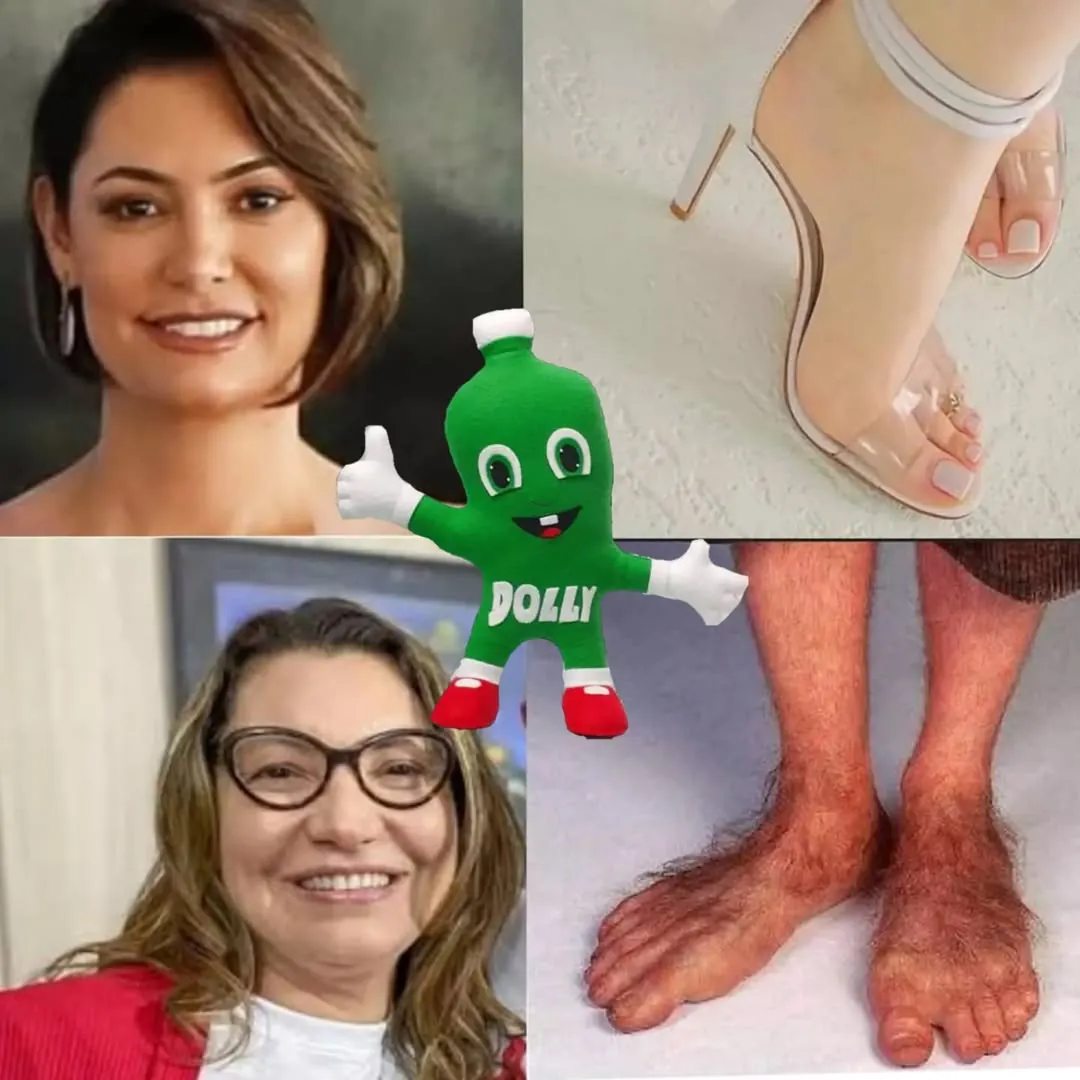 Meme de mulher bonita com pés feios, sandália elegante, pés peludos e mascote verde da Dolly no centro.