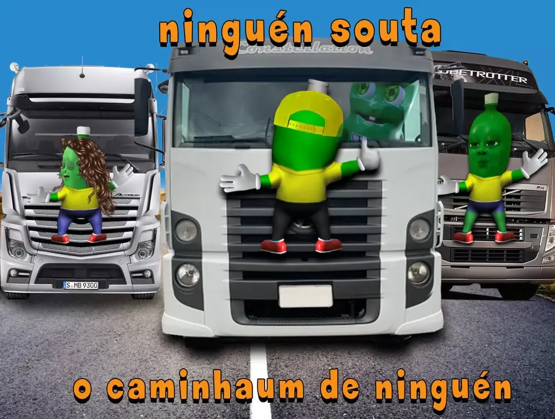 Meme de ninguém solta o caminhão de ninguém, com mascotes verdes segurando três caminhões.