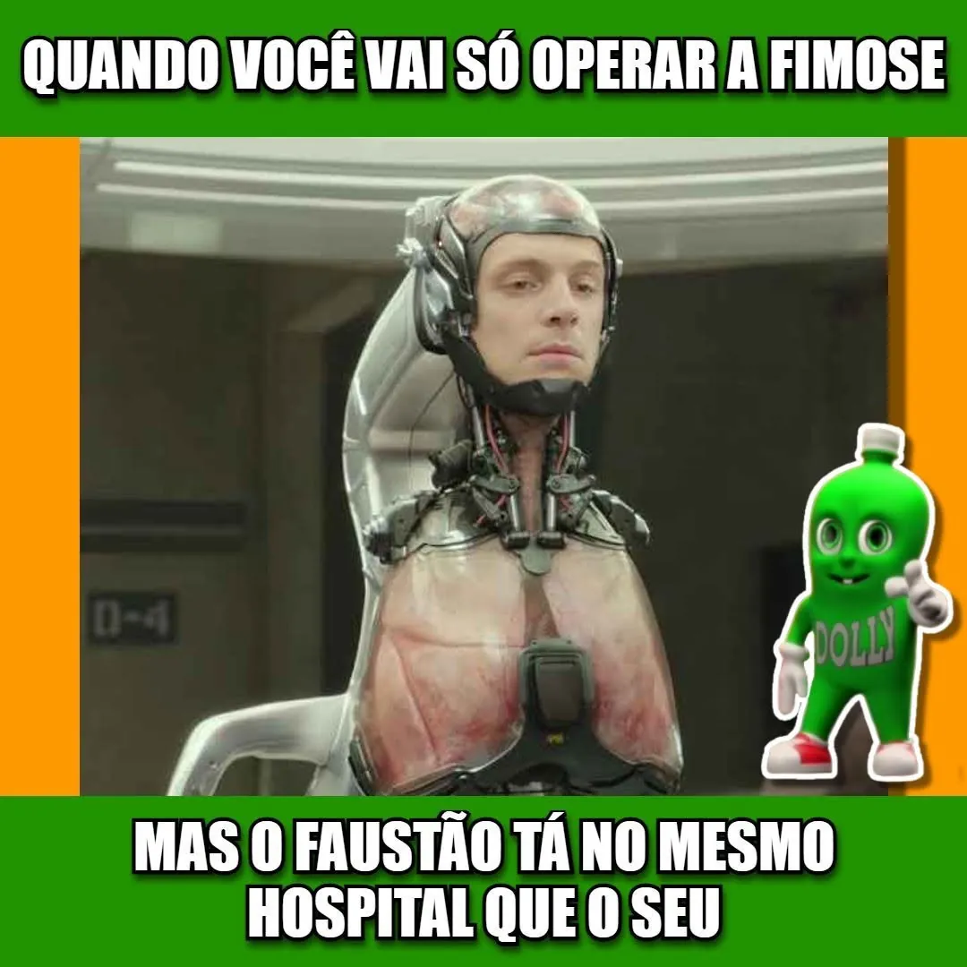 Meme de homem em equipamento médico sobre operar a fimose no mesmo hospital que o Faustão