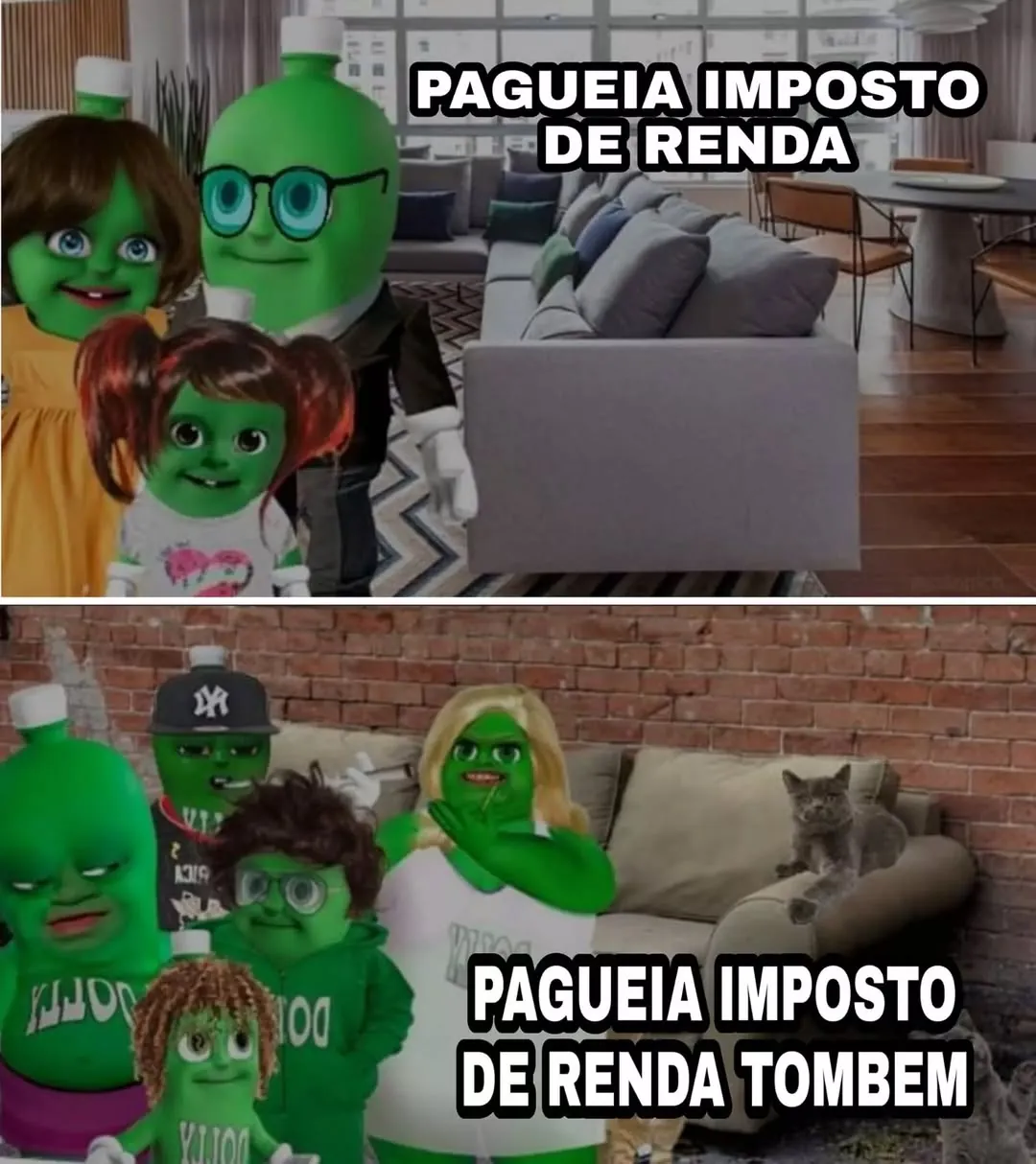 Meme de família verde pequena e depois numerosa sobre pagar imposto de renda