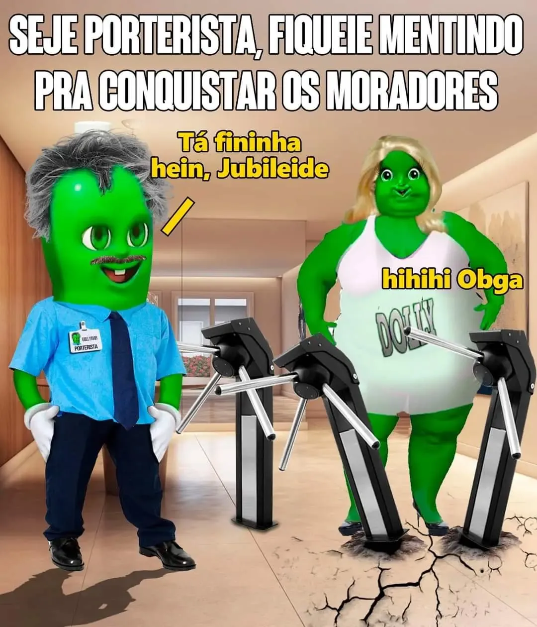 Meme de porteiro mentindo para conquistar moradores ao elogiar mulher verde na esteira.