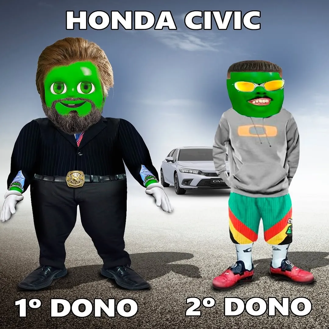 Meme de primeiro e segundo dono do Honda Civic, com dois personagens verdes diante de um carro.