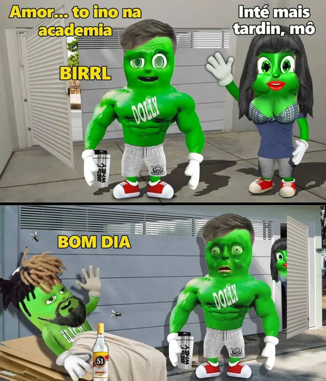 Meme de promessa de ir à academia termina com personagem dormindo bêbado ao lado de uma garrafa de cachaça