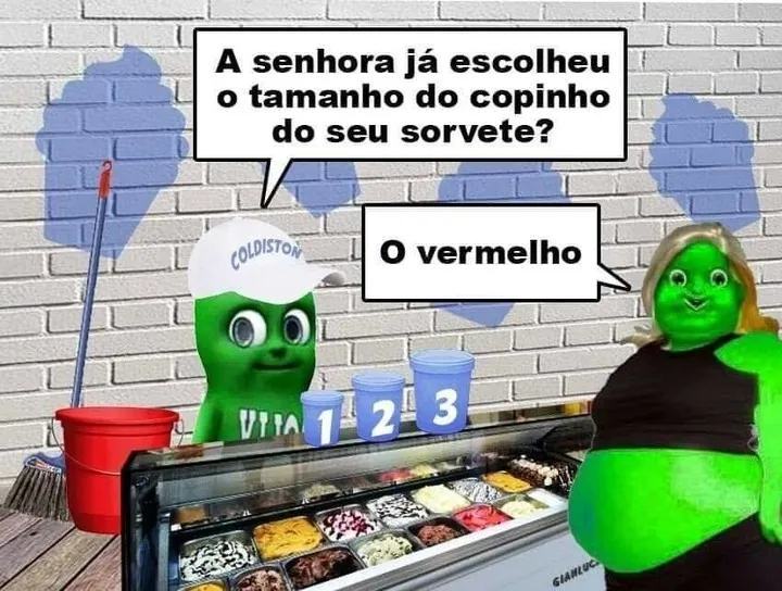 meme de tamanho do copinho do sorvete com atendente perguntando e cliente respondendo o vermelho