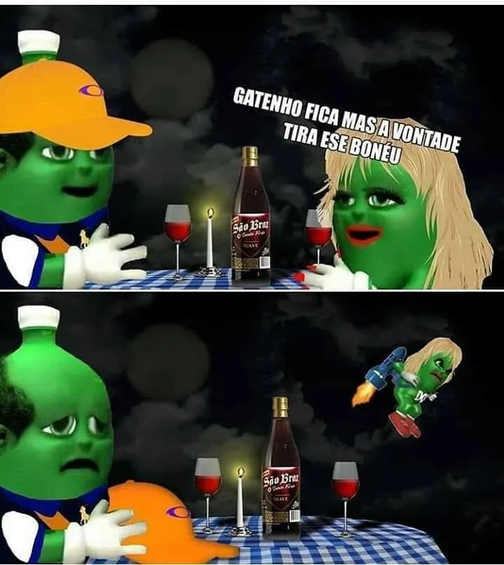 Meme de tirar o boné no encontro: personagem verde remove o boné e a outra figura sai voando.