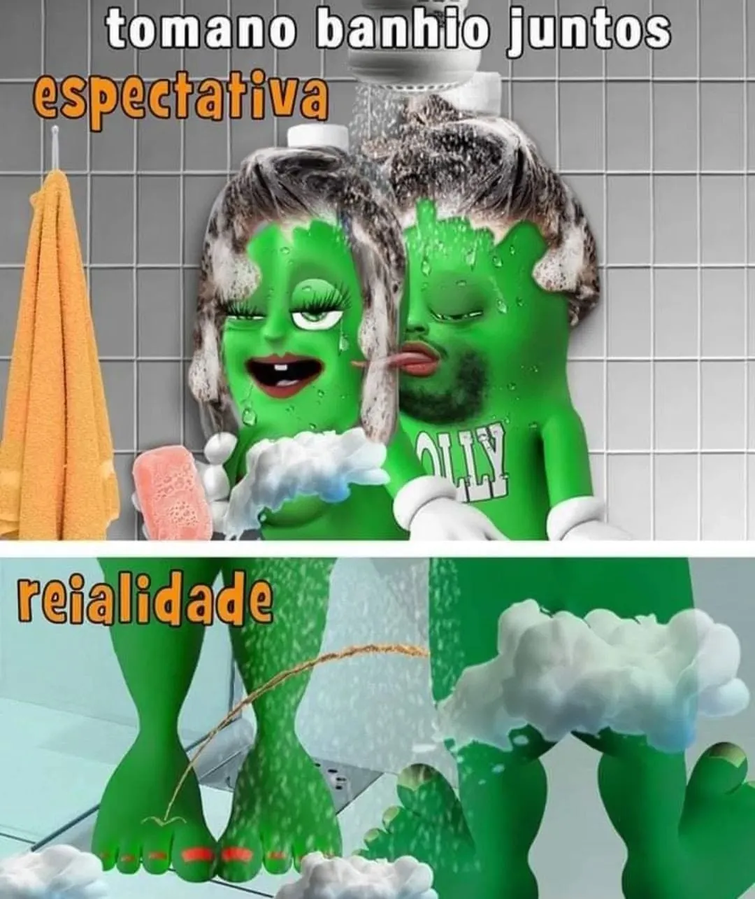 meme de tomando banho juntos expectativa vs realidade com casal verde no chuveiro e pés estranhos