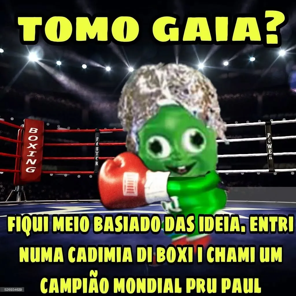 meme de cadimia di boxi com personagem de luvas de boxe e texto sobre tomar gaia