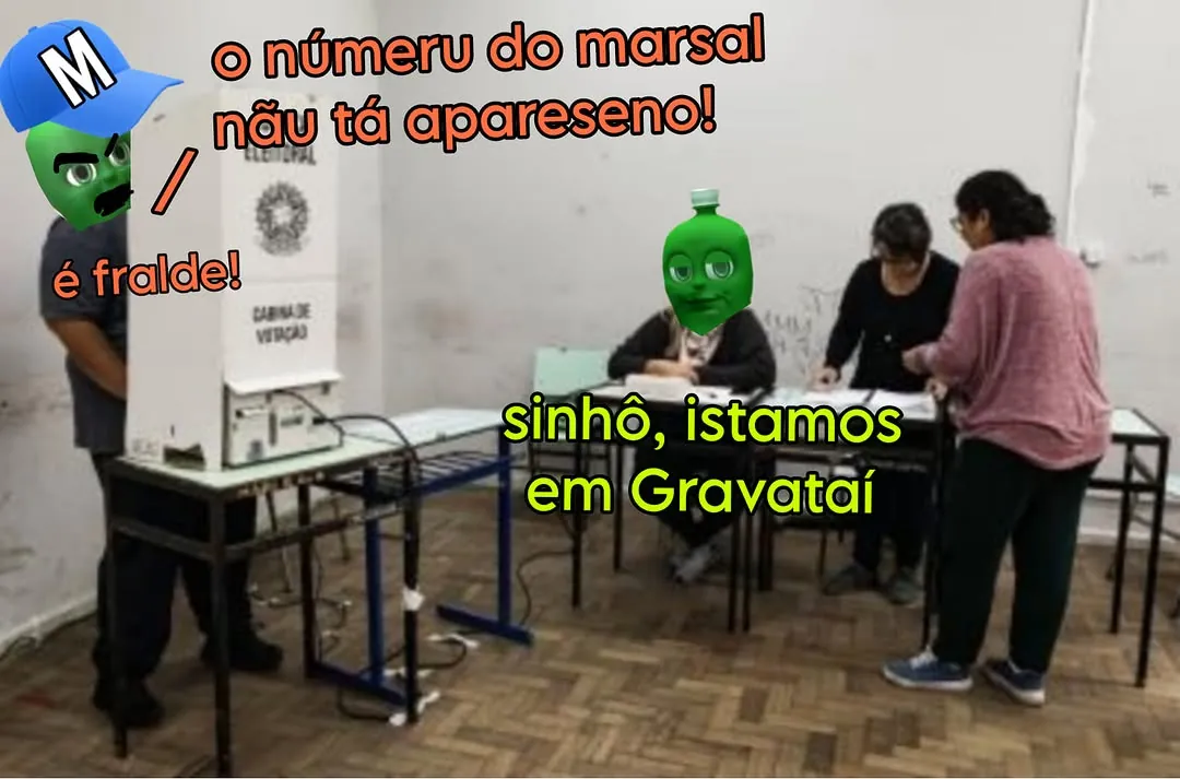 meme de urna eleitoral em Gravataí com pessoas em uma sala e textos sobre fraude e número do marsal