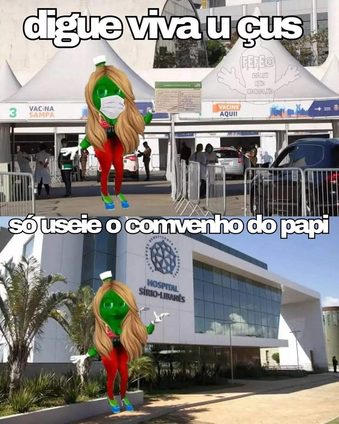 meme de vacina sampa com personagem verde em frente a postos de vacinação e hospital