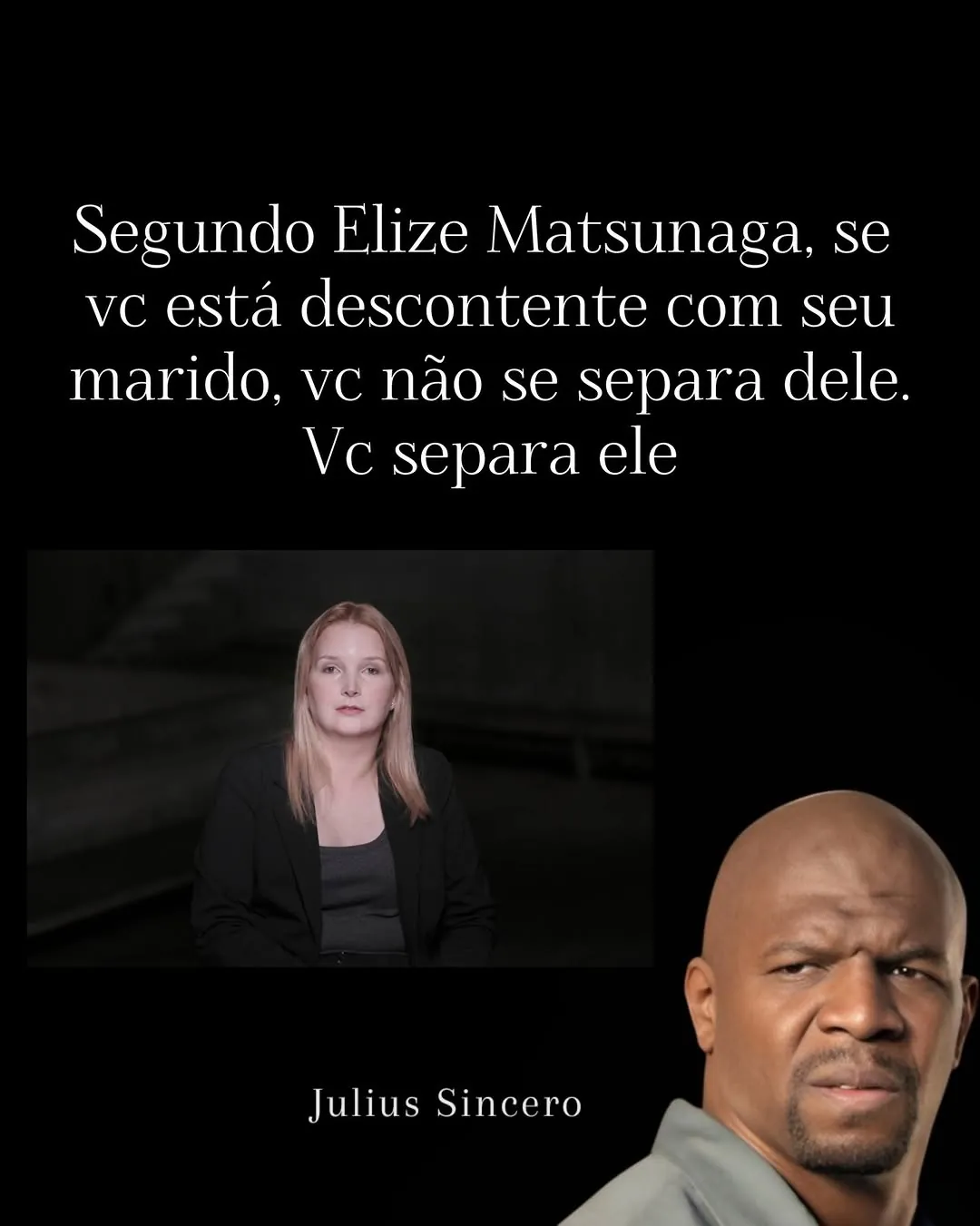 Meme de Elize Matsunaga separa o marido, com mulher em entrevista e homem careca olhando desconfiado.