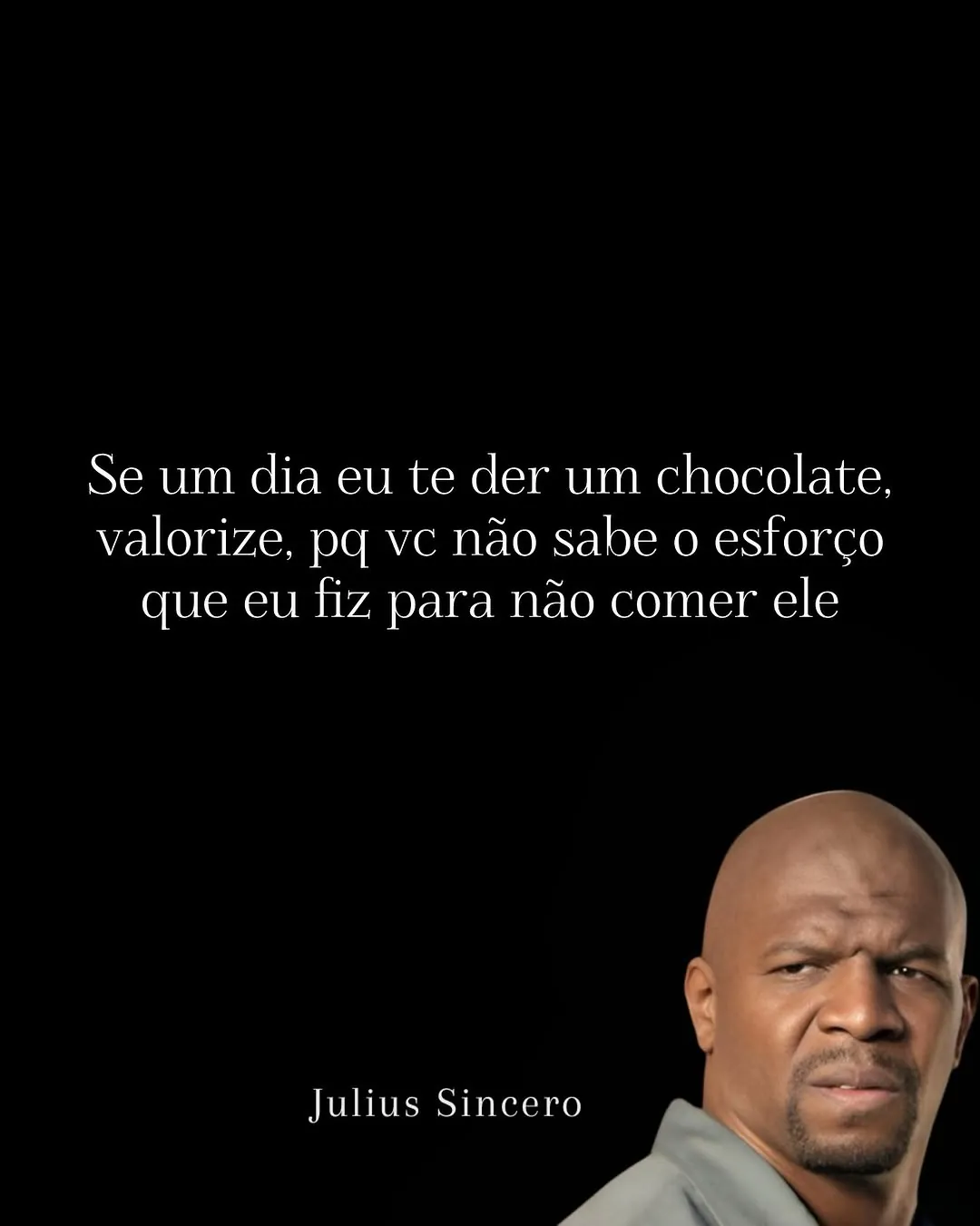 Meme de homem careca sério sobre o esforço para não comer chocolate antes de presentear alguém.