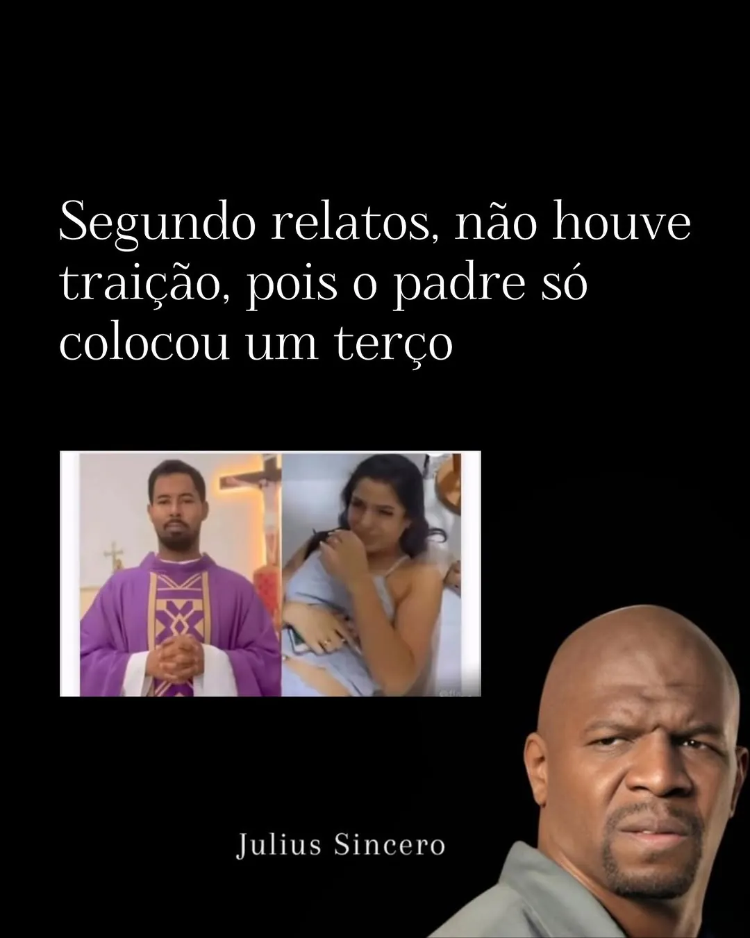 Meme de padre colocou um terço, com padre ao lado de mulher e homem fazendo cara de desconfiança.