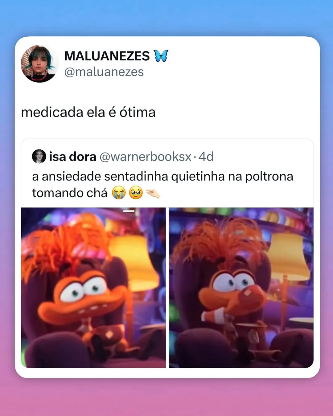 Meme de uma criatura animada sentada na poltrona tomando chá, representando a ansiedade sentadinha.