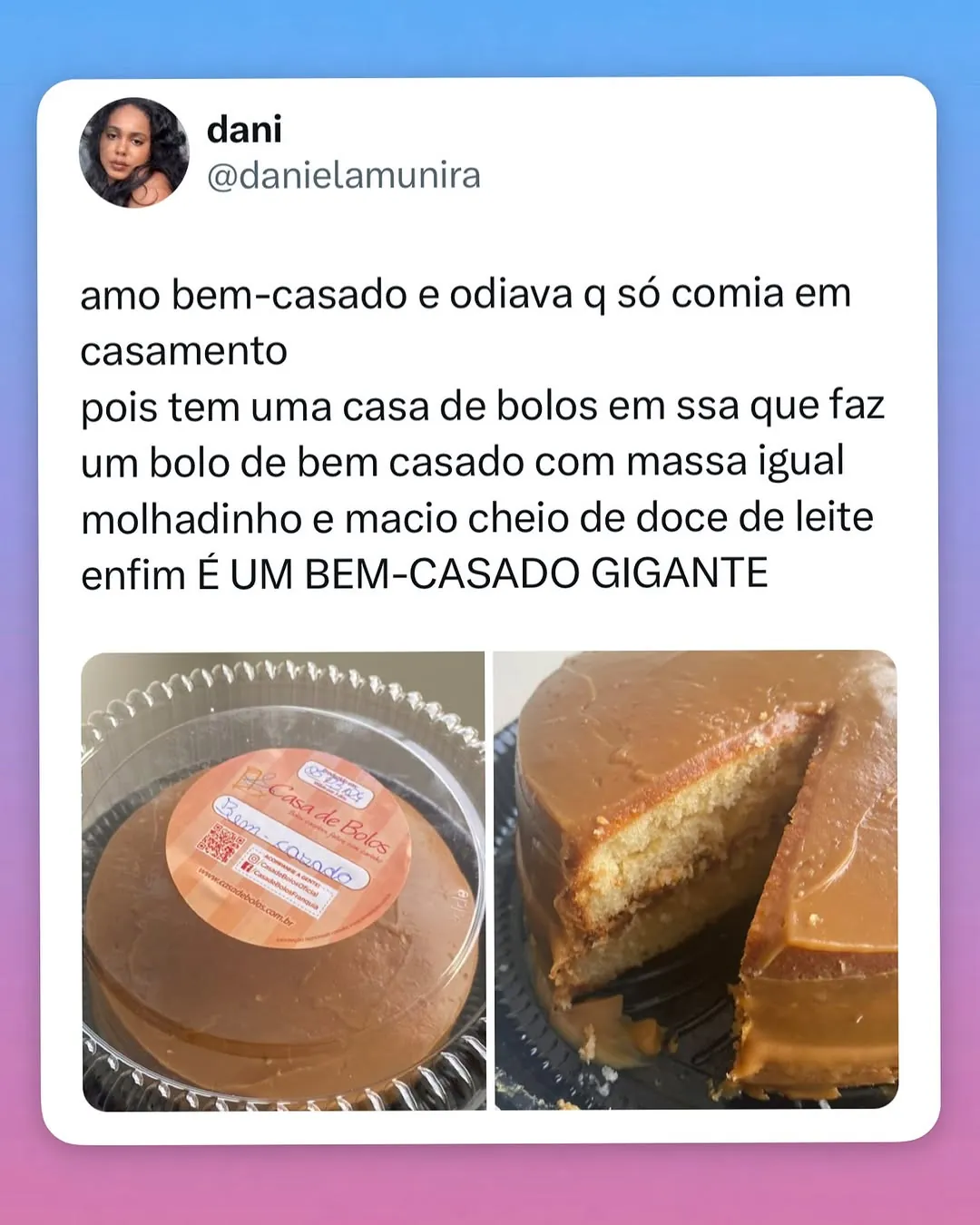 Meme de bolo de bem-casado gigante com cobertura de doce de leite e uma fatia retirada.