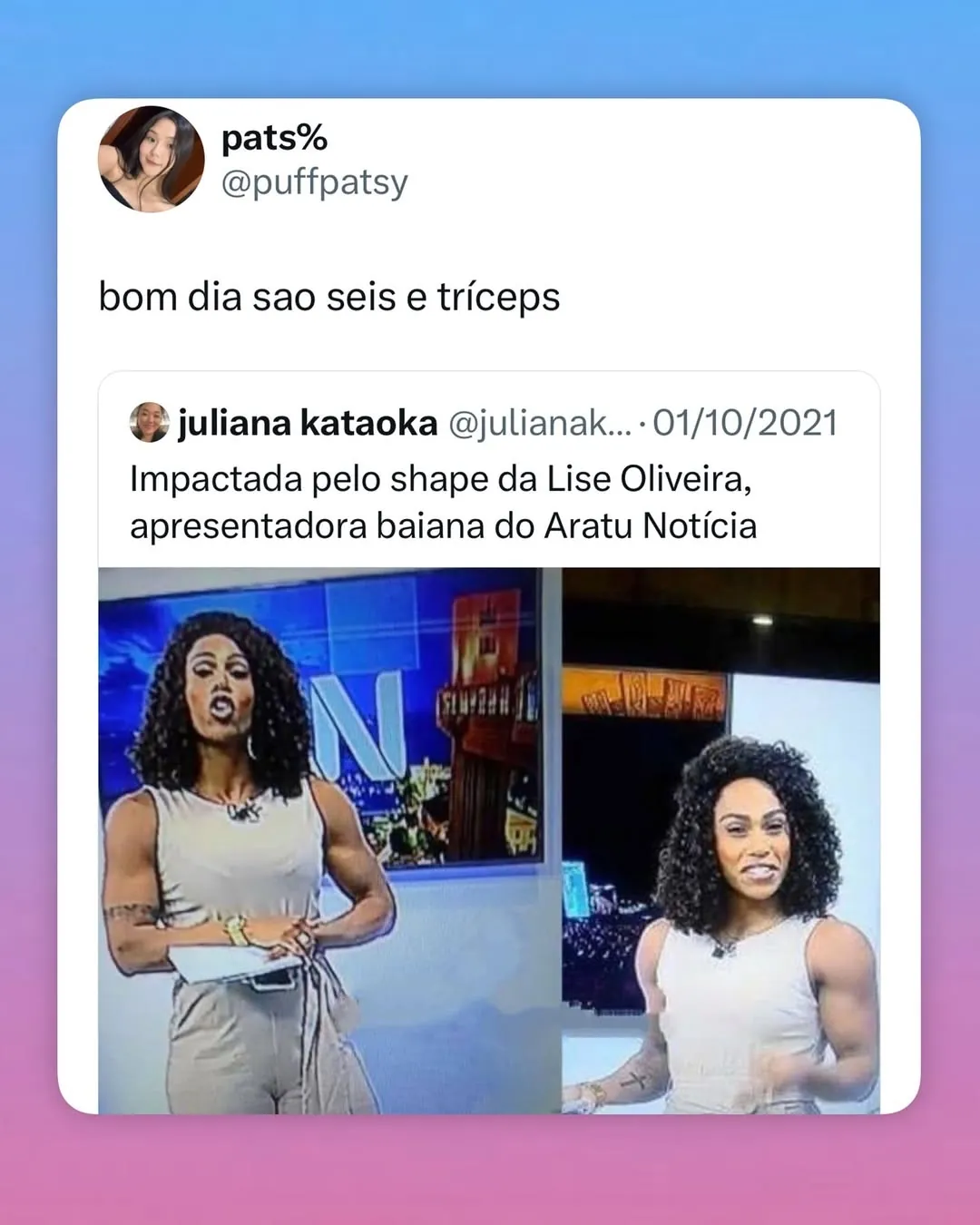 meme de bom dia são seis e tríceps com print de tweet e foto de apresentadora de TV