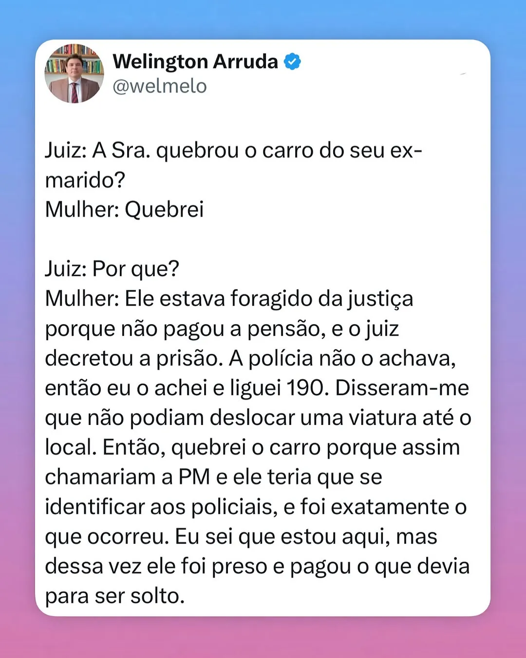 meme de carro do ex-marido quebrado por pensão, com texto em formato de conversa e fundo colorido