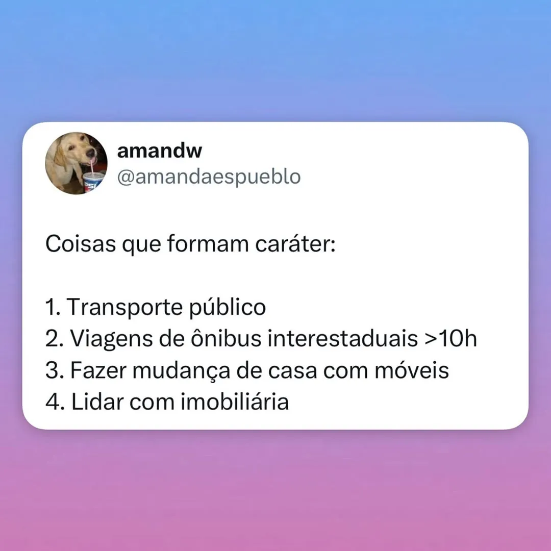 Meme de lista com coisas que formam caráter, incluindo transporte público, ônibus longo, mudança e imobiliária.