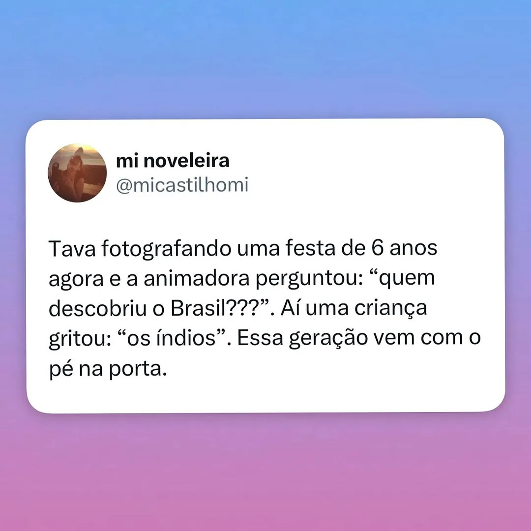Meme de criança responde quem descobriu o Brasil durante uma festa infantil, dizendo que foram os índios.