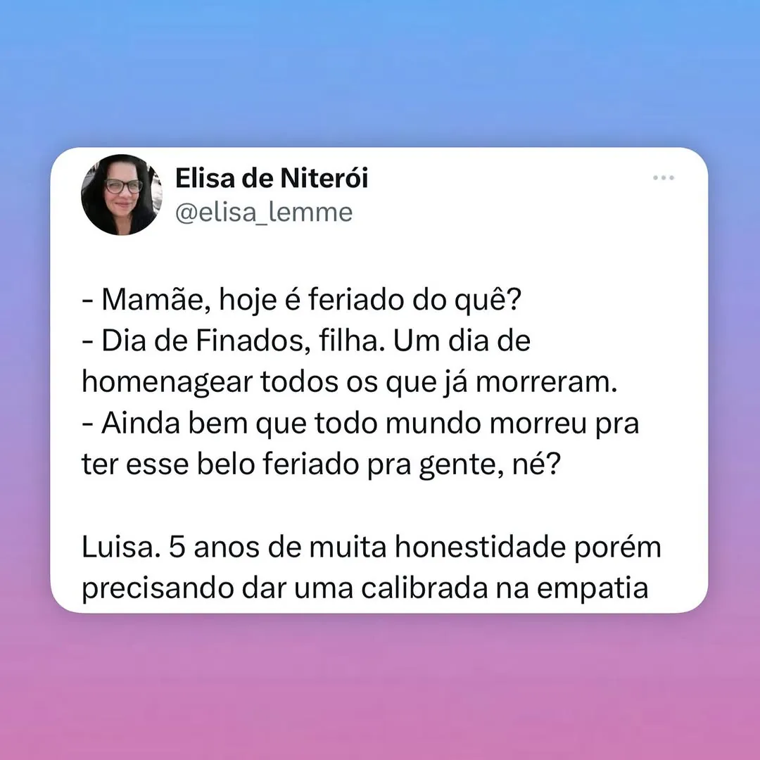 meme de dia de finados com conversa entre mãe e filha em fundo branco e texto sobre honestidade infantil