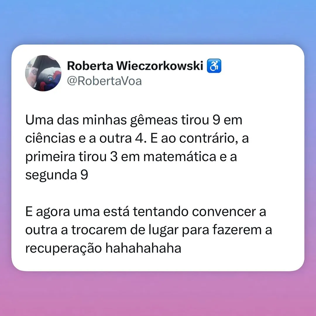 meme de gêmeas trocando de lugar na recuperação em um post com texto sobre notas trocadas na escola