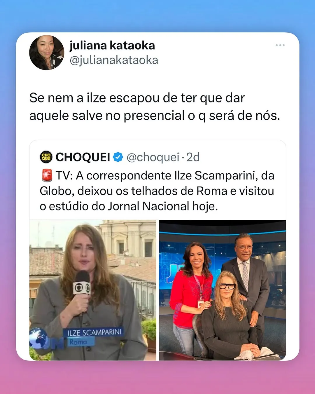 Meme de Ilze Scamparini no presencial, com postagem sobre sua visita ao estúdio do Jornal Nacional.