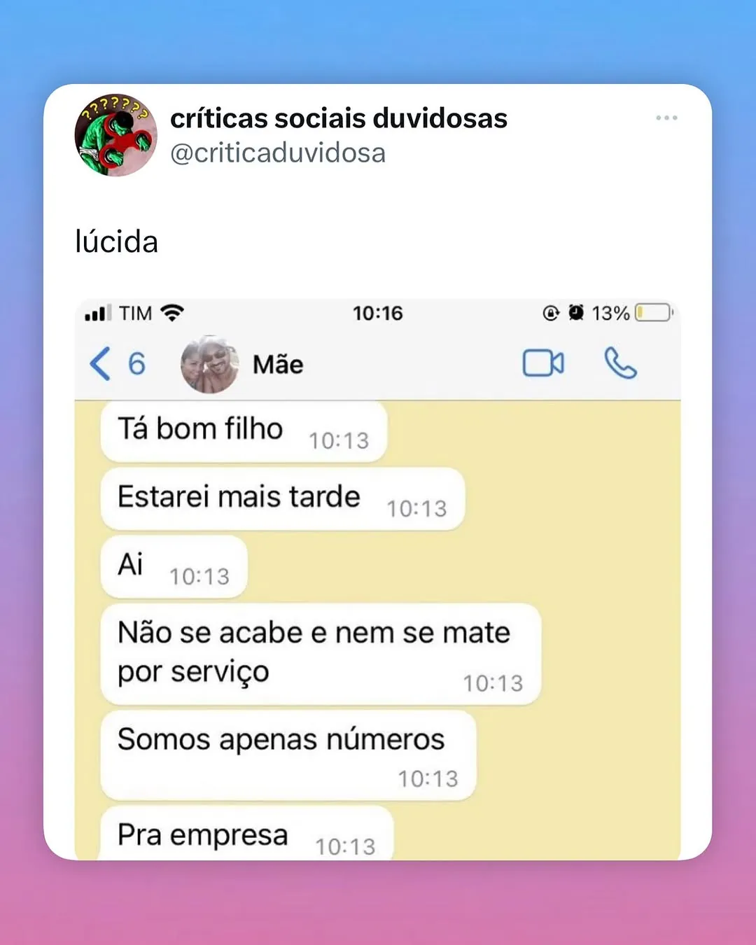 Meme de mensagem da mãe sobre trabalho dizendo para o filho não se matar por serviço.