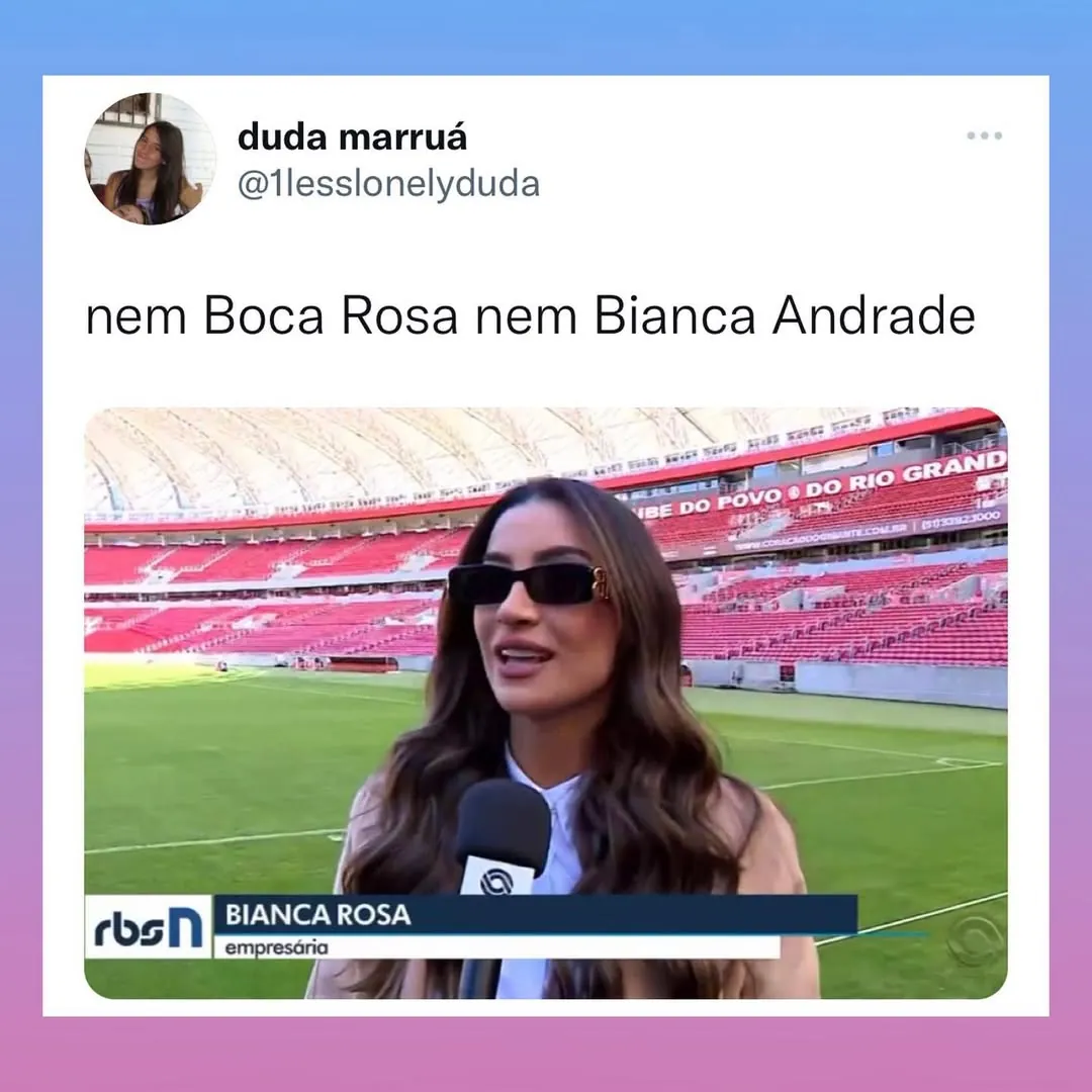 Meme de uma empresária chamada Bianca Rosa em entrevista, com legenda dizendo que ela não é Boca Rosa nem Bianca Andrade.
