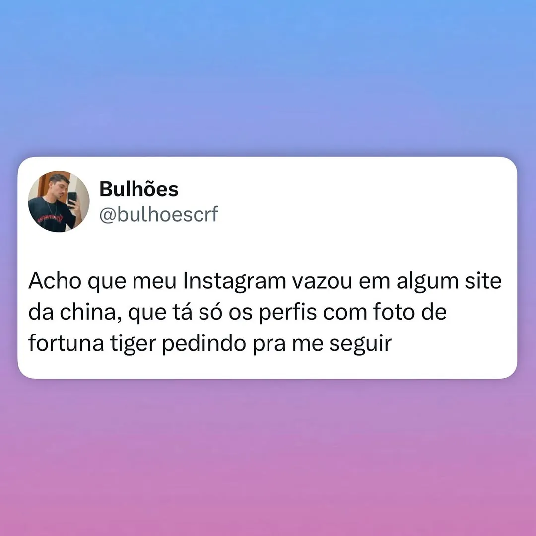Meme de perfis Fortuna Tiger pedindo para seguir no Instagram, com fundo azul e rosa.