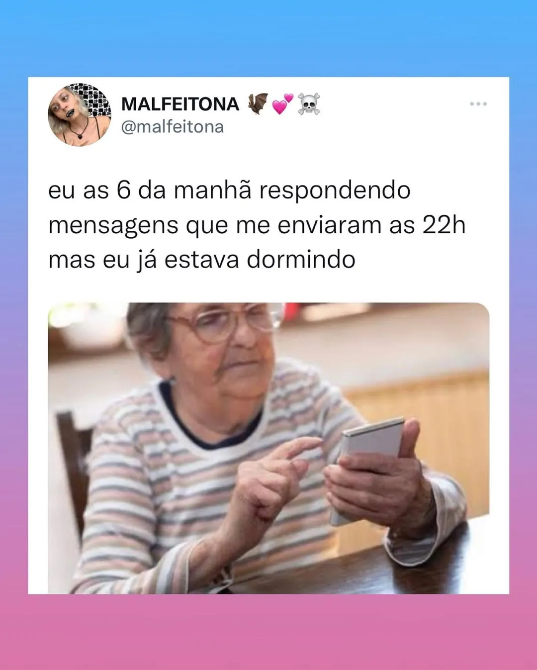 Meme de uma mulher respondendo mensagens no celular às 6 da manhã após dormir às 22h