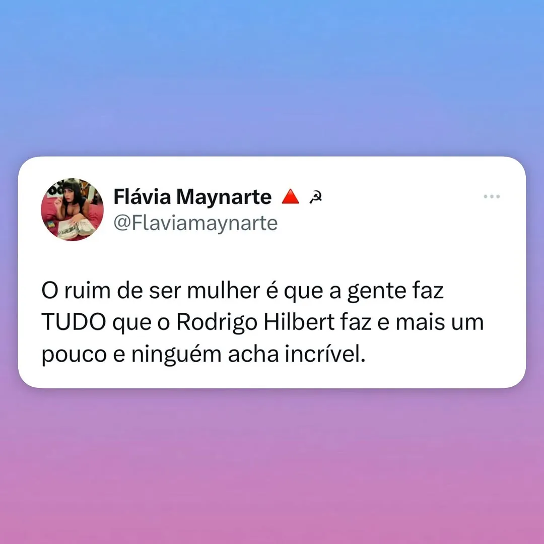 meme de tweet com fundo degradê e texto sobre fazer tudo que o Rodrigo Hilbert faz e ninguém achar incrível