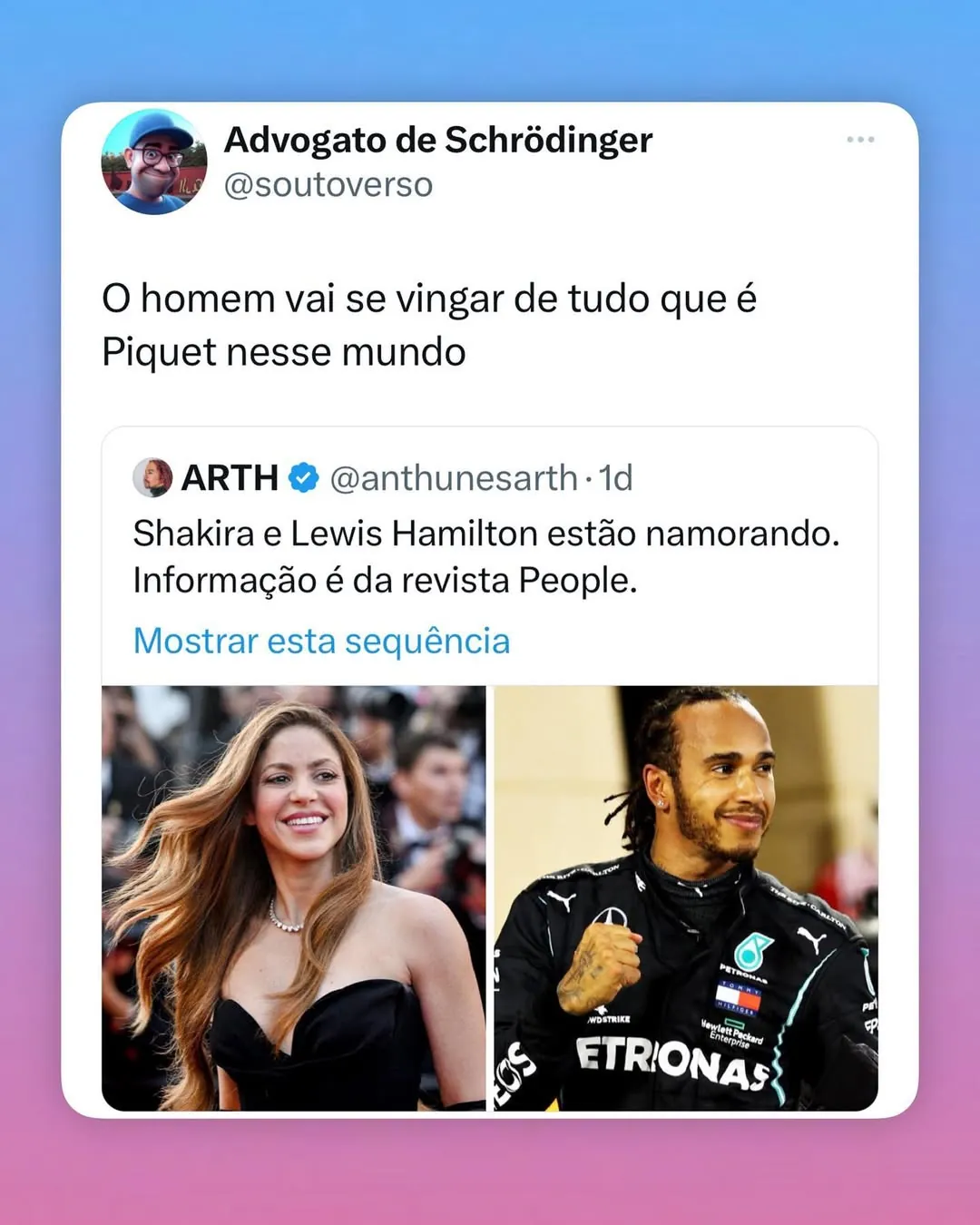 Meme de Shakira e Lewis Hamilton juntos em montagem sobre a suposta vingança contra os Piquet