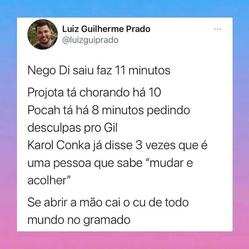Meme de treta do BBB com participantes chorando e pedindo desculpas no gramado