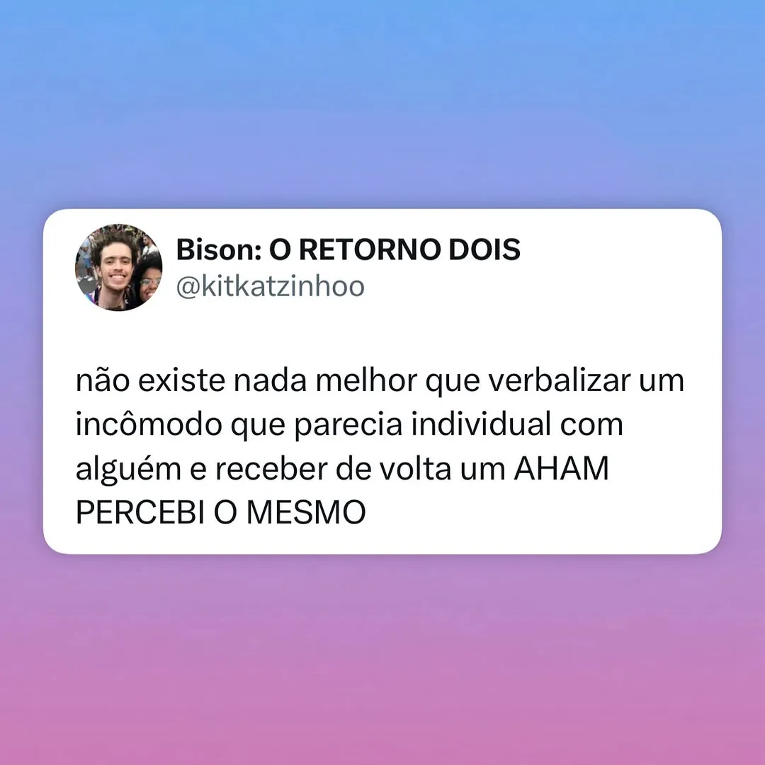 Meme de uma postagem dizendo que verbalizar um incômodo e ouvir “aham, percebi o mesmo” é ótimo.