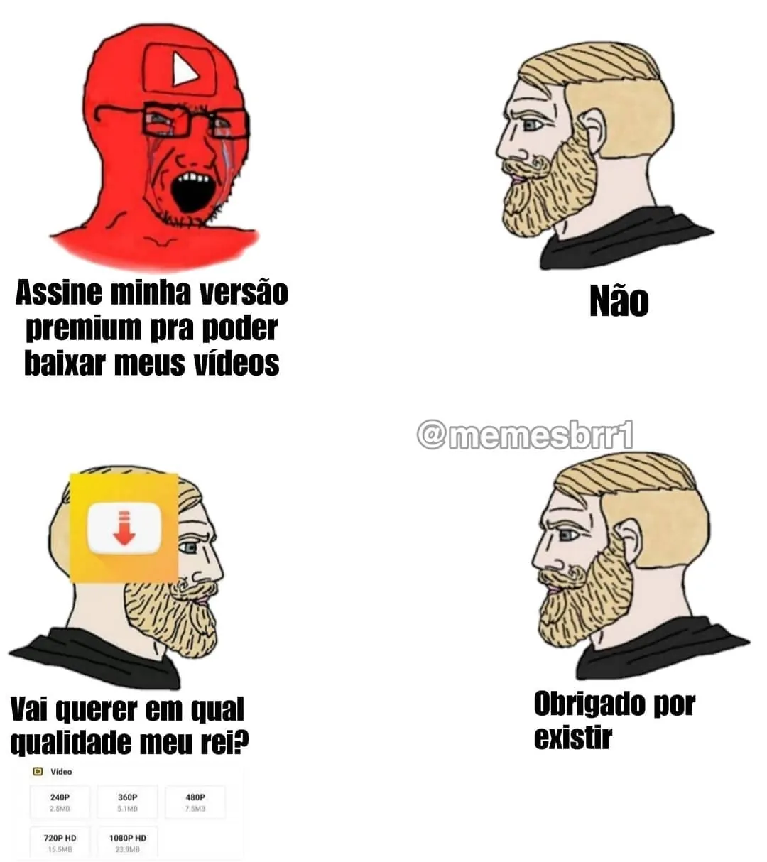 meme de assinatura premium para baixar vídeos, com personagem vermelho e opções de qualidade de vídeo