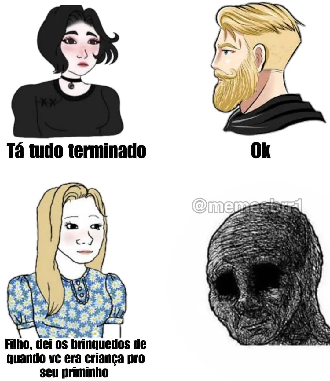 Meme mostra uma mãe entregando os brinquedos de infância ao priminho e uma caveira em choque.