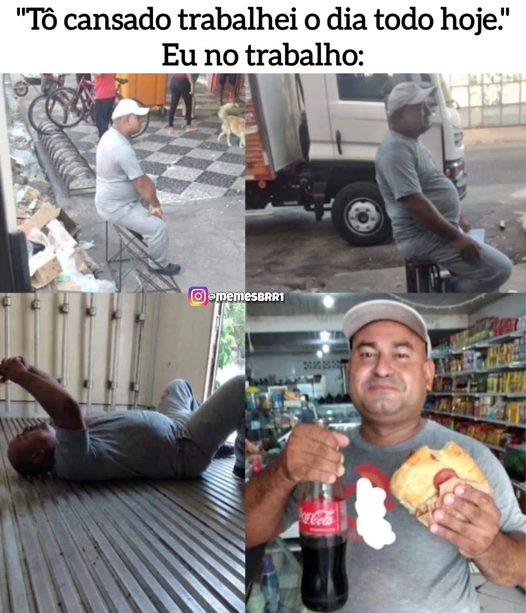 Meme de homem cansado no trabalho sentado, deitado e comendo durante o expediente