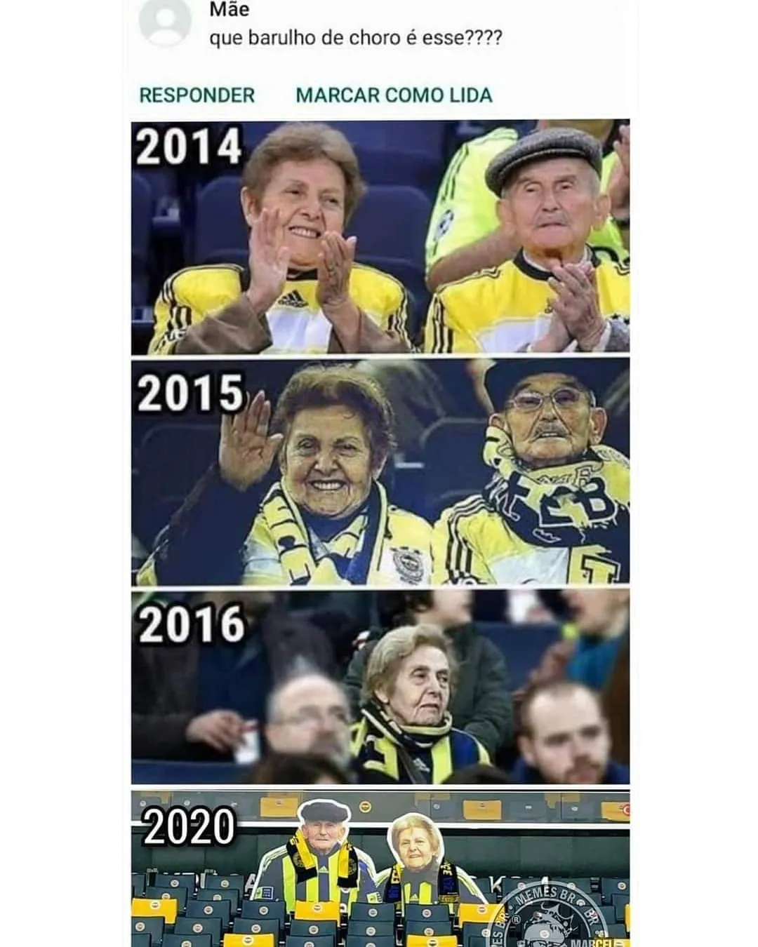 Meme de casal de idosos torcendo no estádio entre 2014 e 2020, com a animação diminuindo a cada foto.