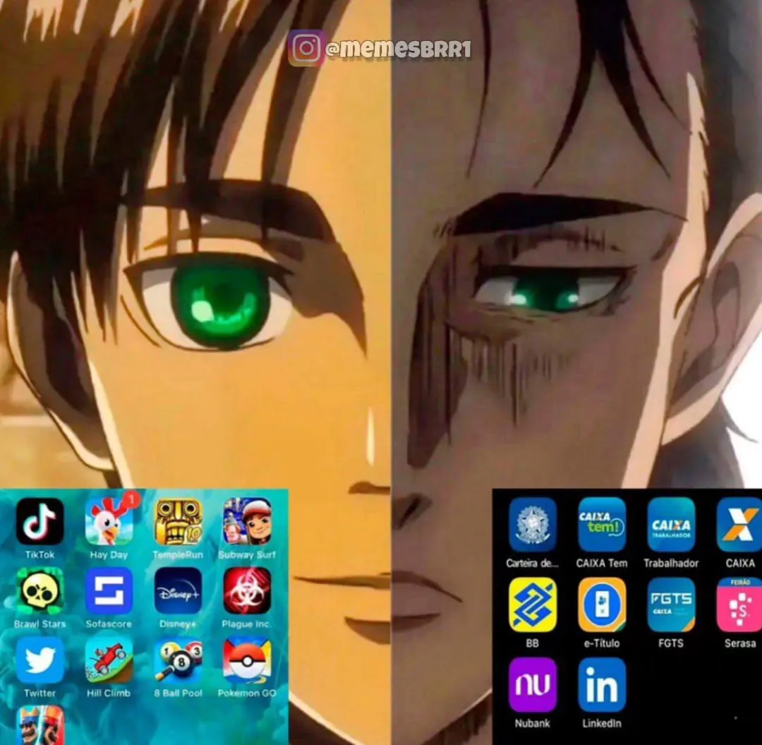 Rosto de anime dividido mostra celular com jogos de um lado e aplicativos de banco do outro.