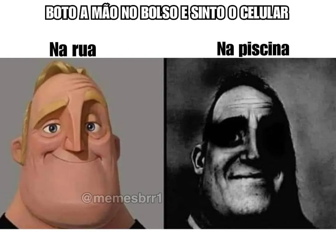 Meme de homem sorrindo na rua e assustado na piscina ao sentir o celular no bolso