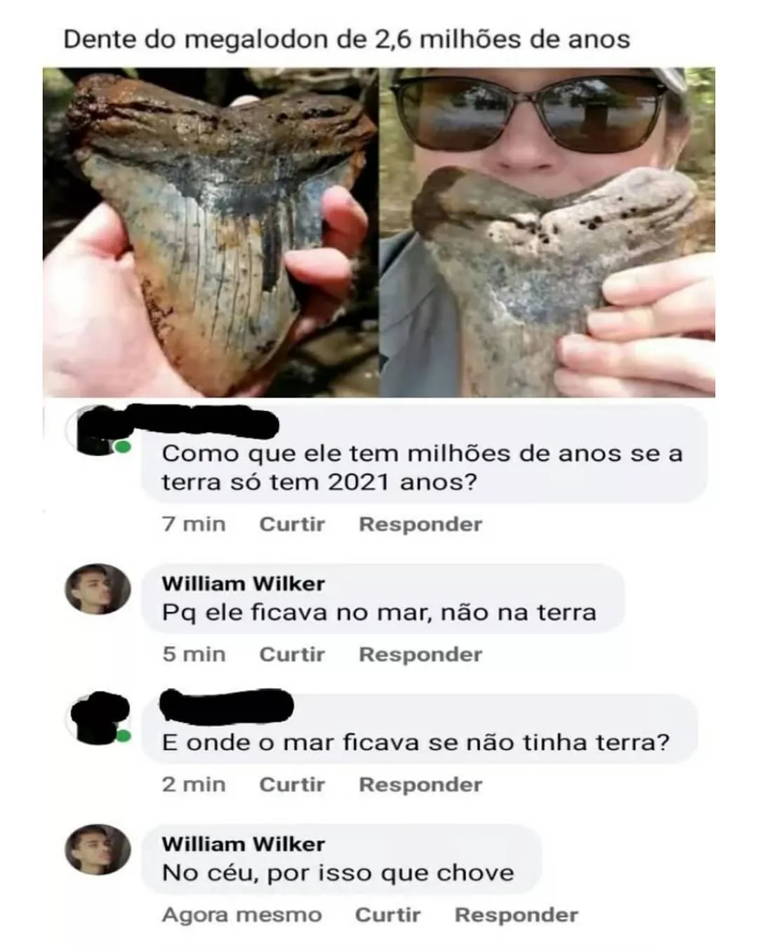 Meme de dente de megalodon com milhões de anos e comentários discutindo onde ficava o mar.