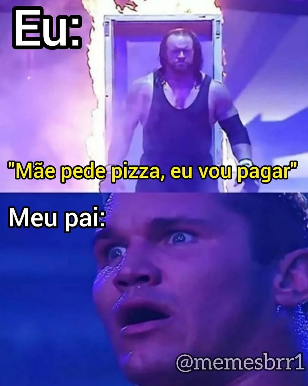 Meme de filho dizendo que vai pagar a pizza enquanto o pai reage assustado e emocionado.