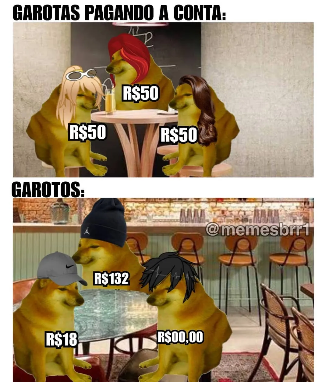 Meme de garotas pagando a conta com R$50 cada e garotos dividindo valores diferentes em um restaurante