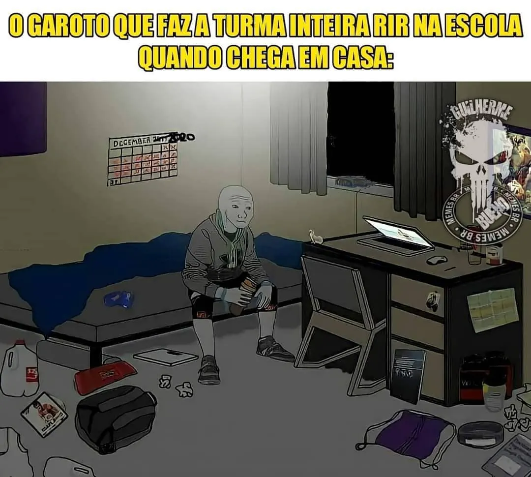 Meme de garoto sentado sozinho no quarto, representando quem faz a turma rir na escola e desanima em casa