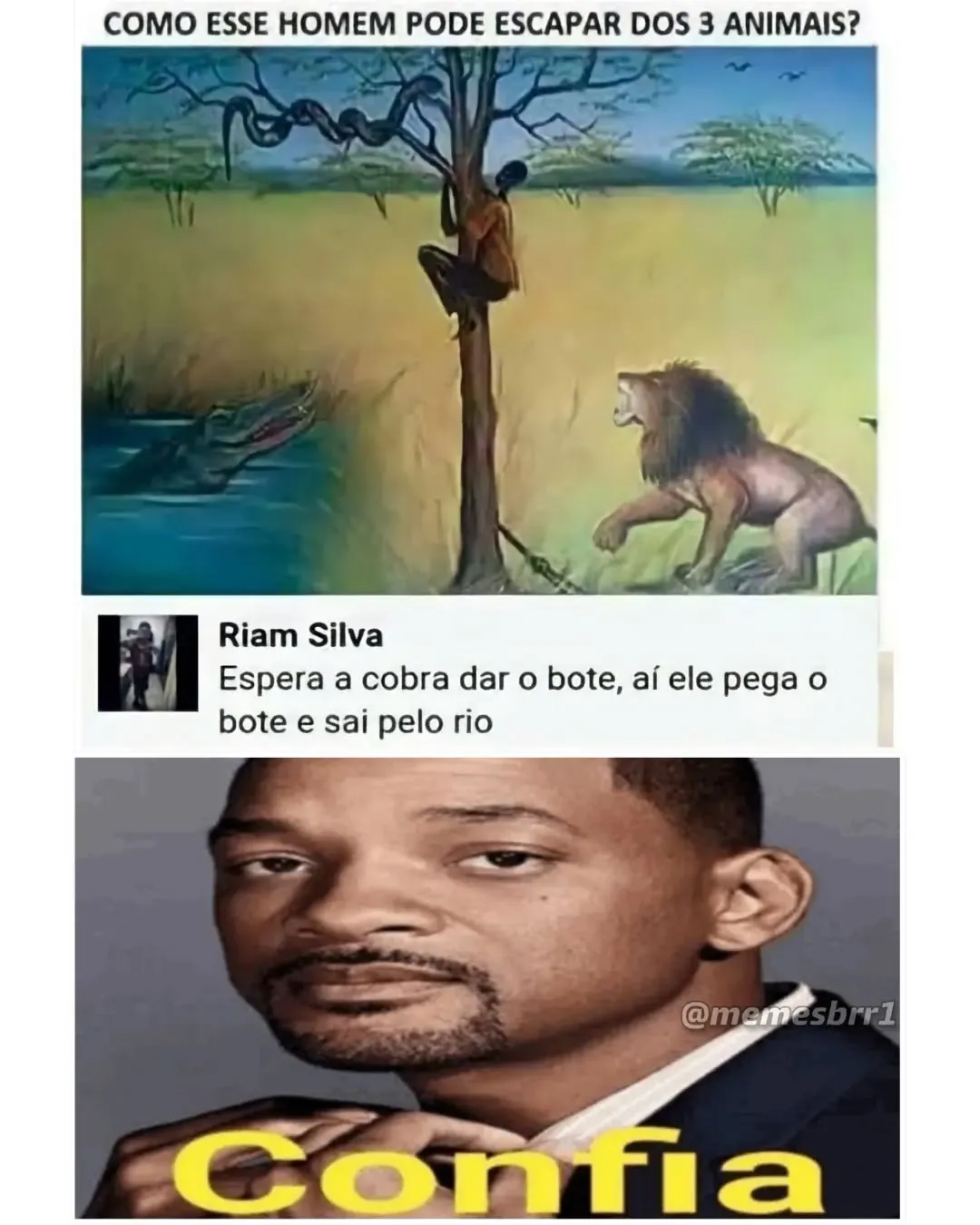 Meme de homem na árvore cercado por cobra, crocodilo e leão sobre como escapar de três animais