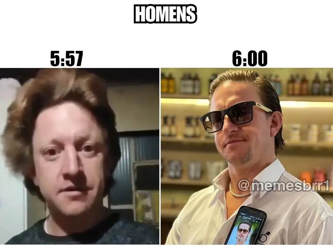 meme de homens 5:57 vs 6:00 com homem bagunçado à esquerda e estiloso de óculos à direita