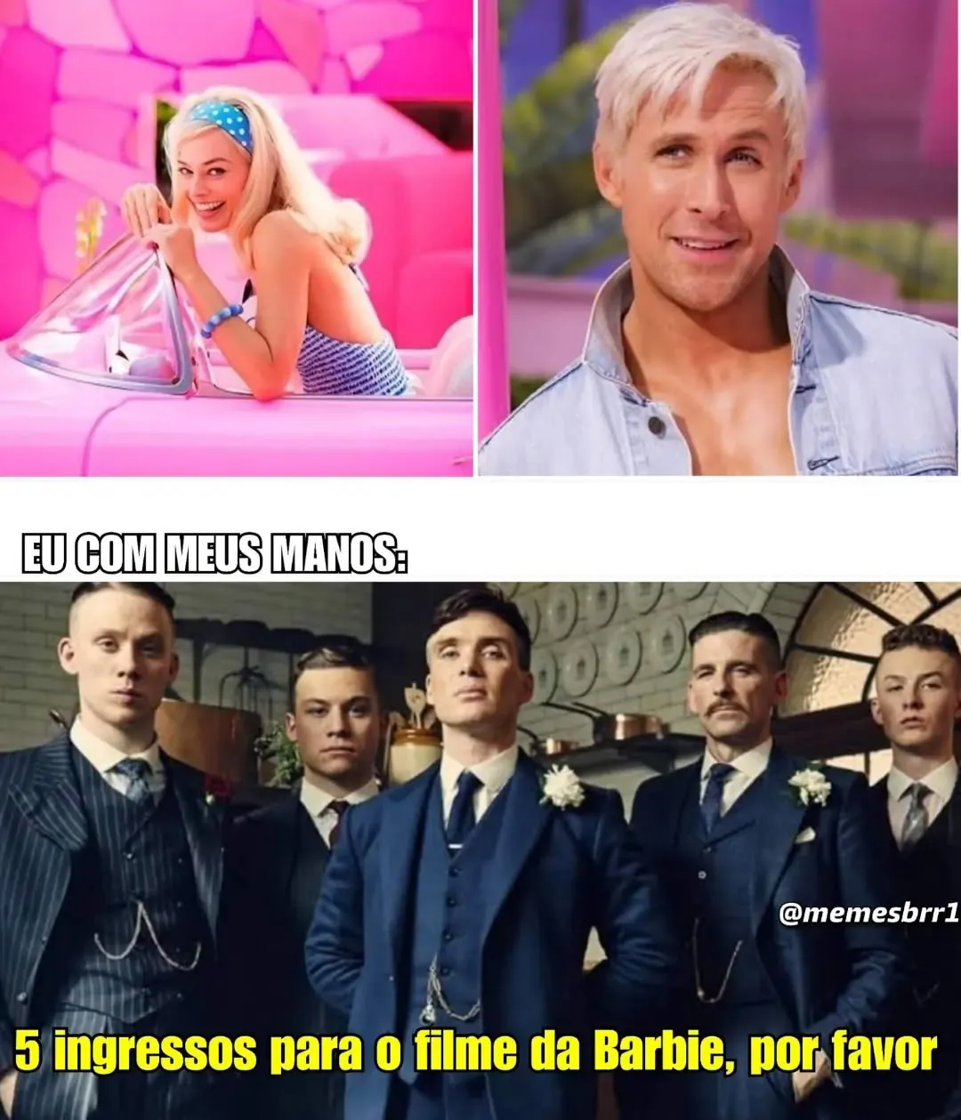 Meme de homens sérios pedindo cinco ingressos para o filme da Barbie, ao lado de Barbie e Ken.