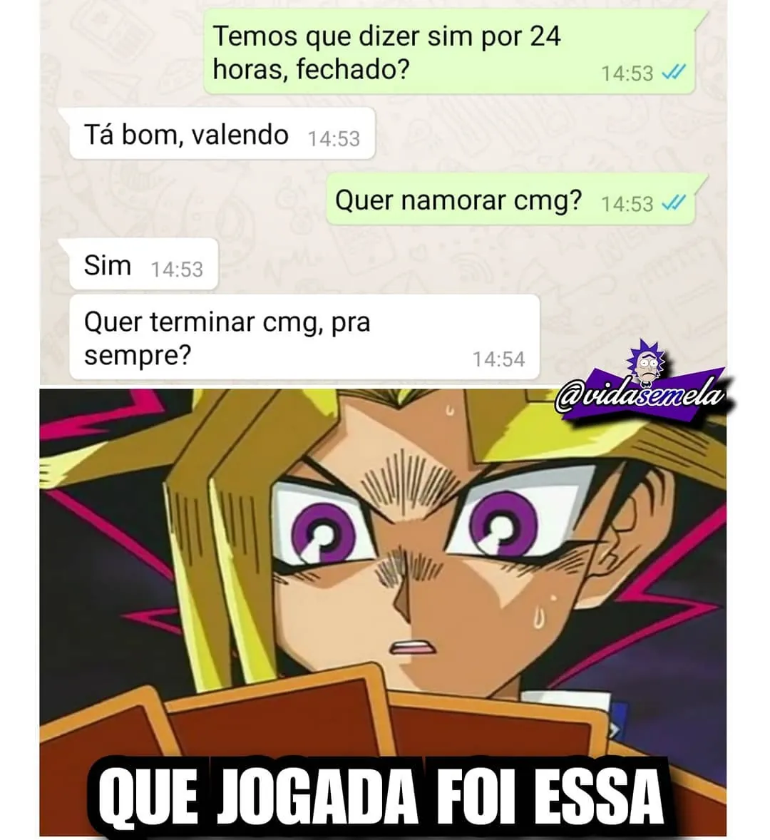 meme de conversa no whatsapp sobre jogada de namoro e término em 24 horas com personagem surpreso