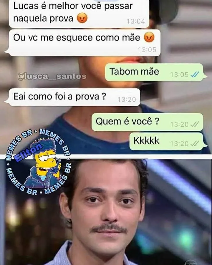 Meme de mãe cobrando a prova no celular e filho respondendo que não a conhece.