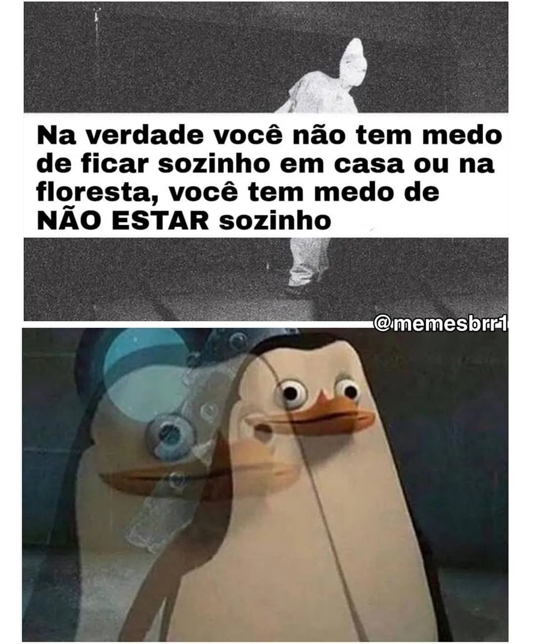 Meme de medo de não estar sozinho, com figura estranha ao fundo e personagem de olhos arregalados.